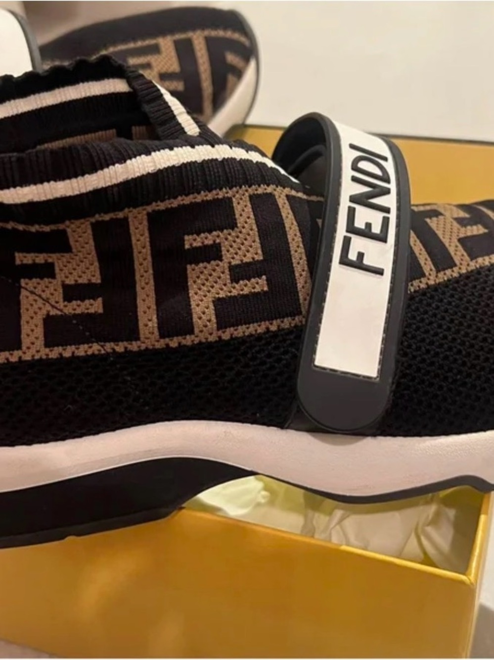 Fendi Black & Brown FF Logo Knit Strap Sneakers - Picture 3 of 5